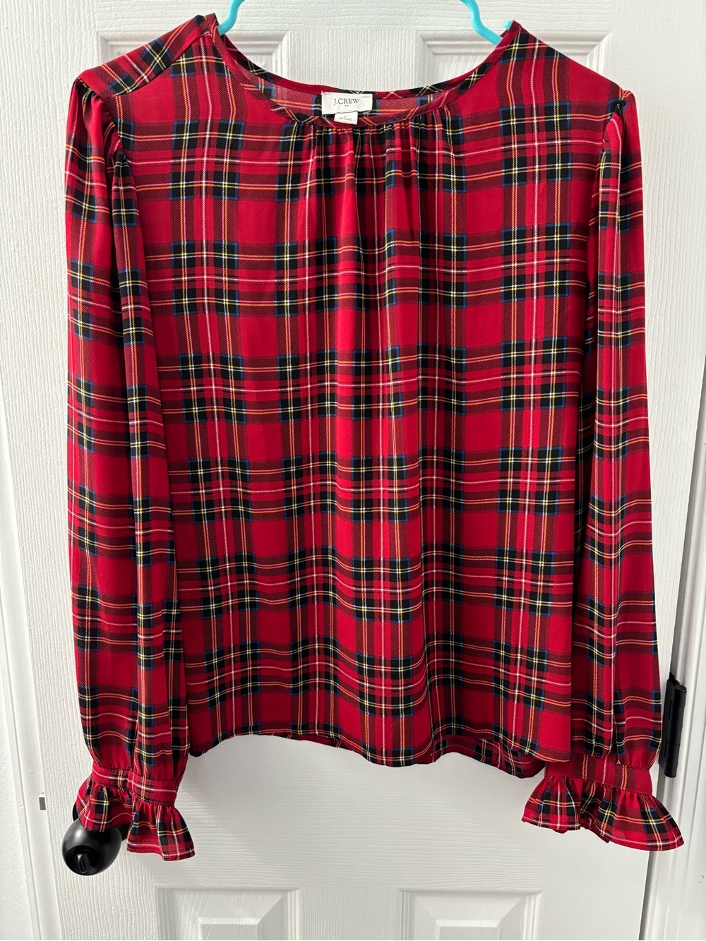 J. Crew Red Plaid Ruffle-Cuff Long Sleeve Blouse